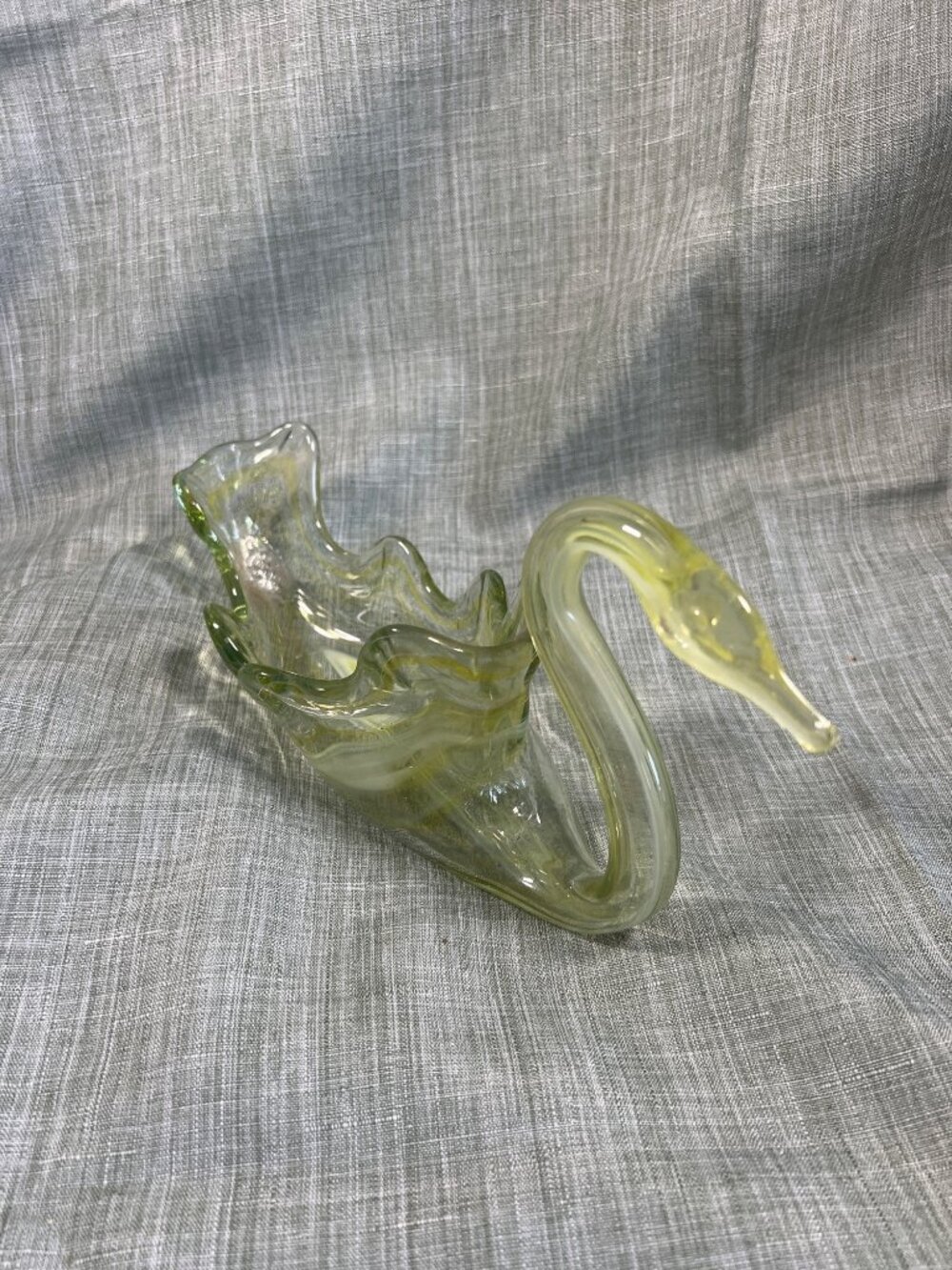 Vintage Handblown Glass Swan Decorative Bowl 13" Yellow & Clear Elegant Art Glas